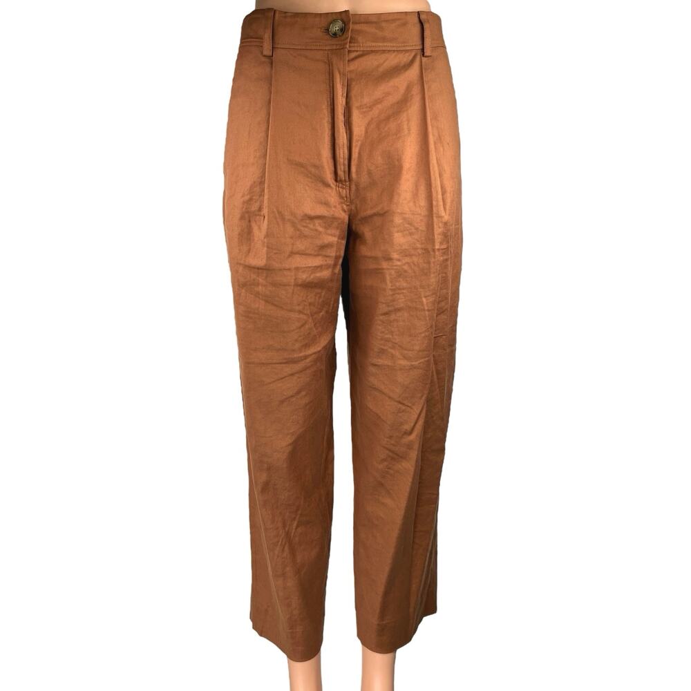 The Reset Brown Linen Pleated Straight Wide Leg Crop Trousers Dress Pants Size S